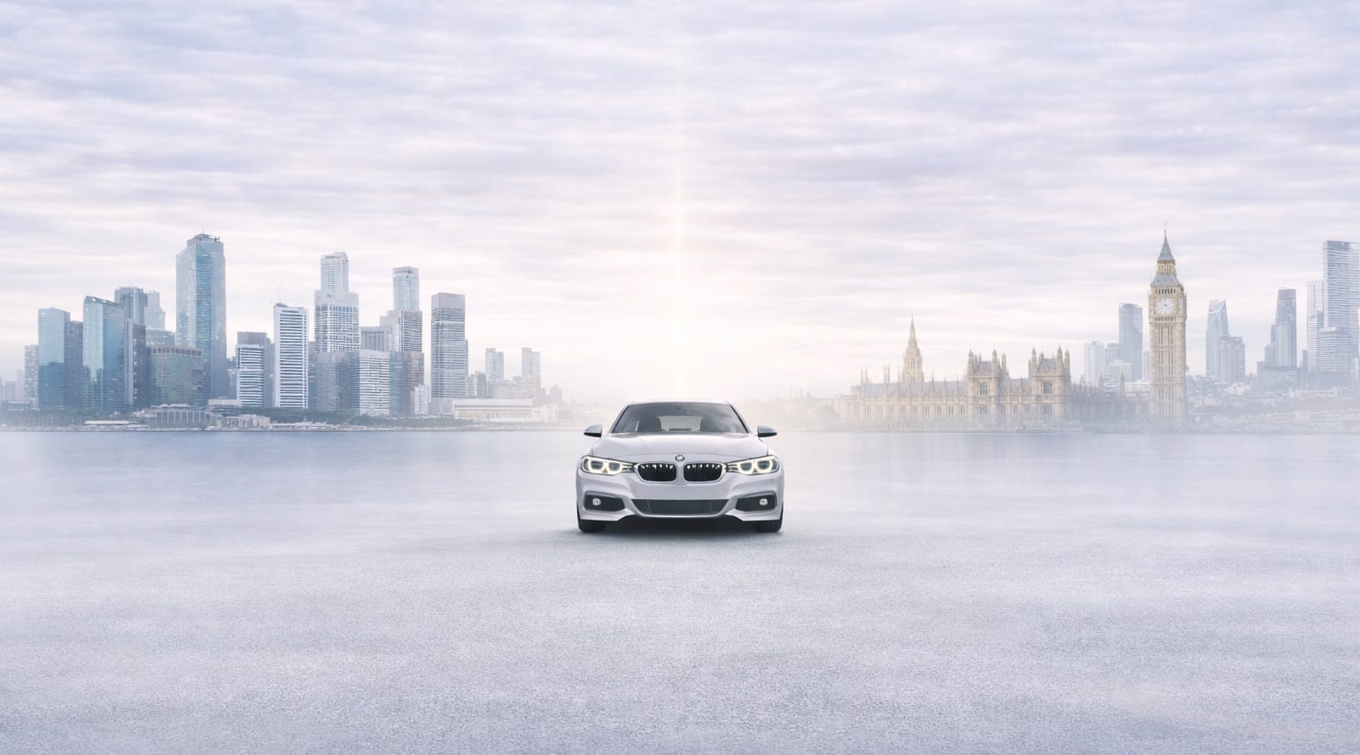 Front-facing car with Singapore and London skyline blend